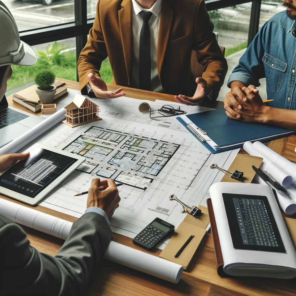 a group of people sitting around a table with a blueprint