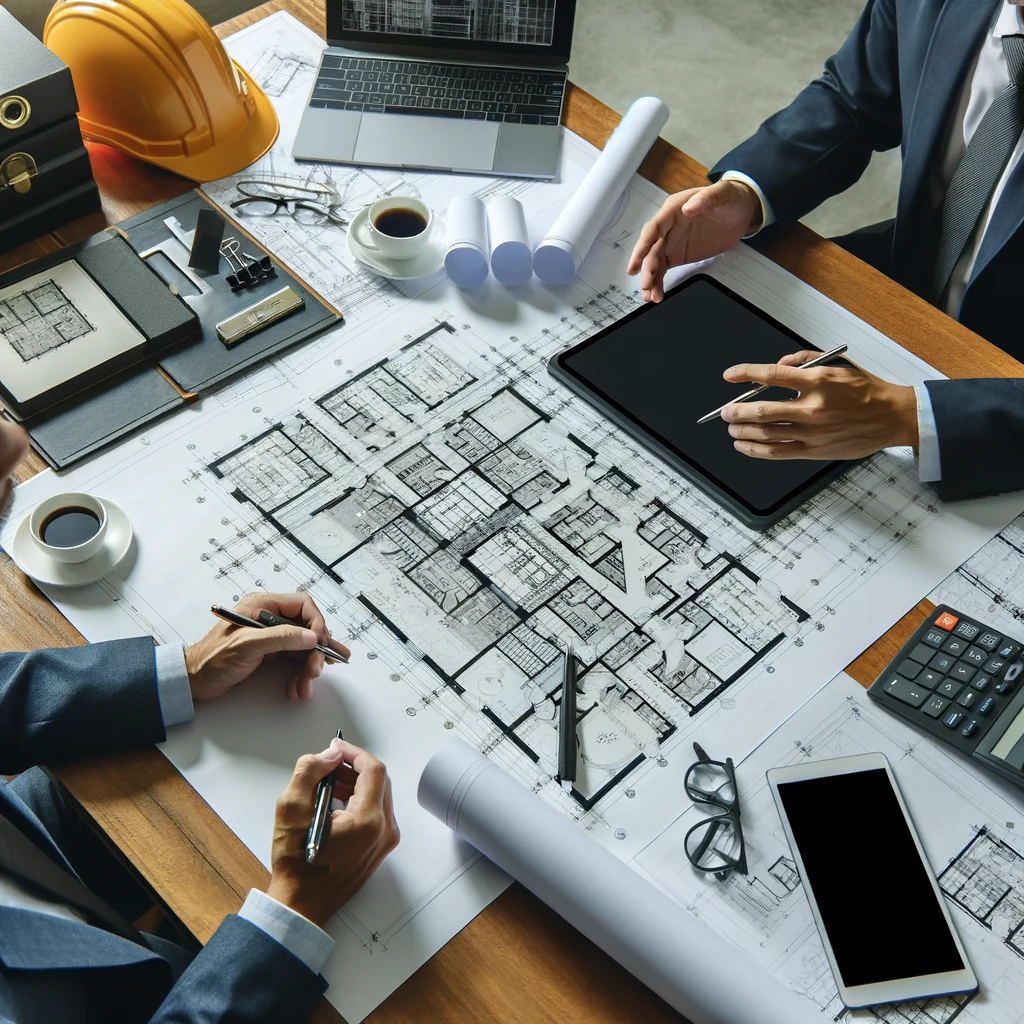 a group of people sitting at a table with a blueprint