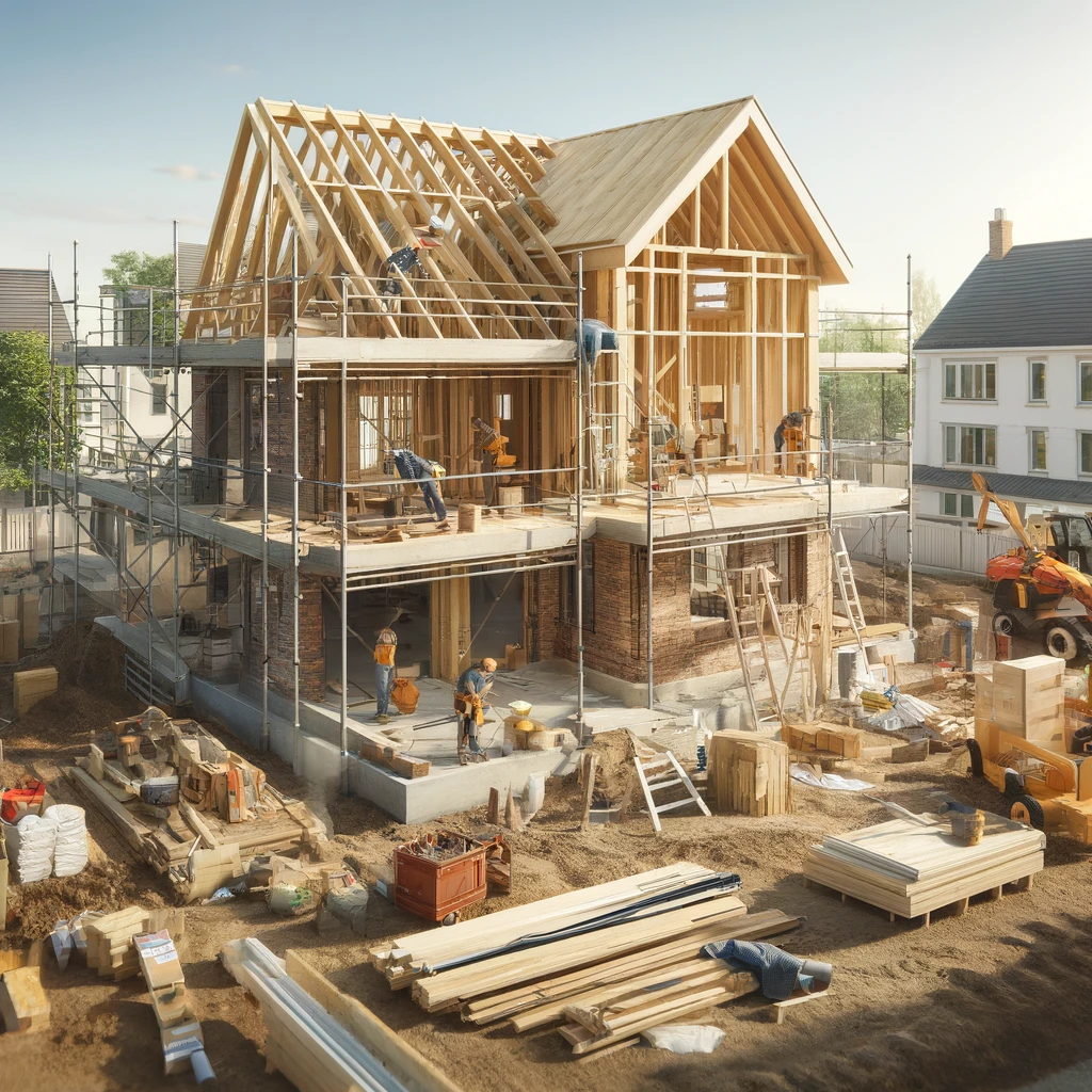 a construction site with a house being built