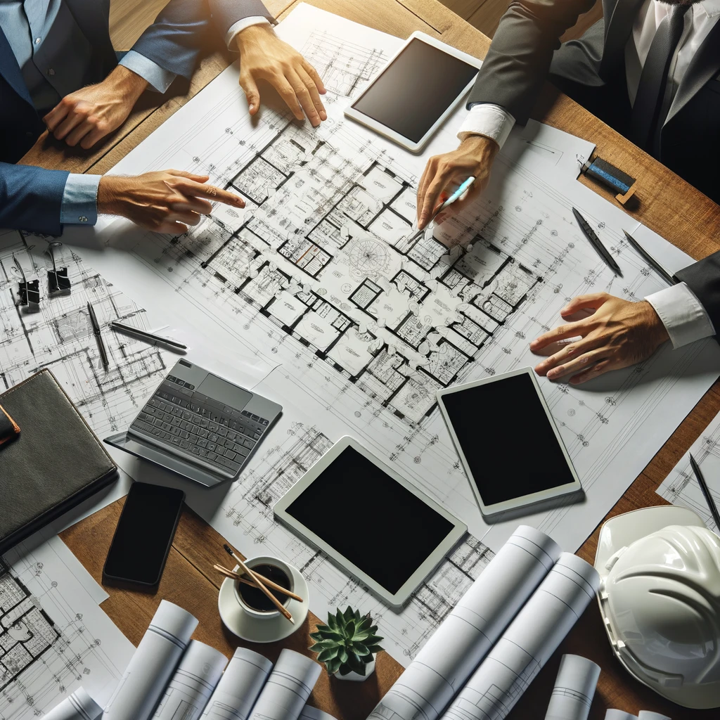 a group of people sitting at a table looking at a blueprint